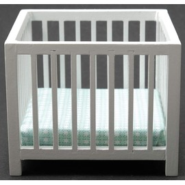 Classics by Handley Dollhouse Miniature White Slatted Play Pen with Blue Fabric