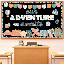 48 PCS Travel Theme Bulletin Board Set Classroom Decorations Travel Bulletin Board Border Motivational Our Adventure Awaits Cutout for Kid Back to School Camping Social Studies Office Wall supplies
