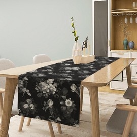 JanJCurt Vintage Botanical Table Runner, Abstract Watercolor Black White Gothic Flower Leaves Plants Print Table Runner for Seasonal Home Decoration Indoor Outdoor Party Decor, 13x60inch