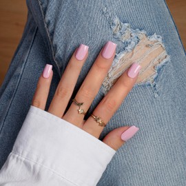 KQueenest Press on Nails Kurz Mittel – Sheer Hell Baby Rosa Nägel zum Aufkleben mit Kleber, Einfarbig Eckig Fake Nails Pink, Sarg Künstliche Nägel Set für Frauen & Mädchen, 28 Stück