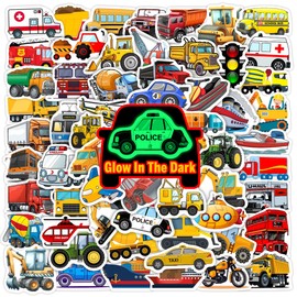 60 Pcs Car Stickers for Water Bottle Glow in The Dark, Kids Aircraft Construction Trucks Waterproof Decals for Boys Girls Adults Teens, Vinyl Laptop Guitar Skateboard Scrapbook Decor