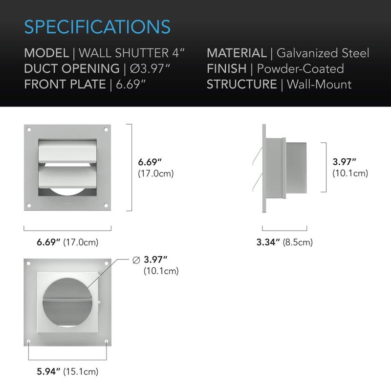 AC Infinity Wall Mount Duct Shutter, 4” Outdoor Louver Gable
