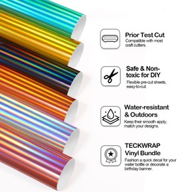 TECKWRAP Holographic Chrome Adhesive Vinyl Bundle 12" x 36"/Rolls for DIY Craft, Arts (Silver, Luxury Gold, Rosegold, Gray, Pumpkin Orange, Emerald Green)