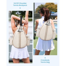 Sucipi Tennis Backpack, Tennis Bag for Women and Men for 2 Tennis Rackets, Waterproof Tennis Backpack Bag, Sports Backpack, Badminton Bag for Pickleball, Tennis and Badminton, Beige
