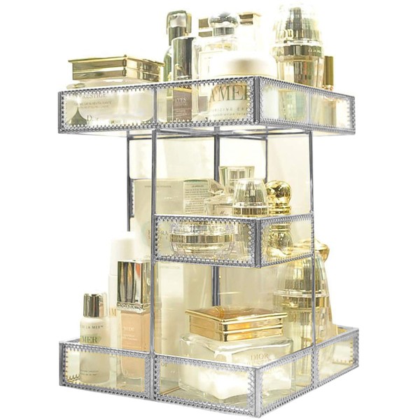 360 Degree Rotation Makeup Organizer Antique Countertop Cosmetic Storage Box Mirror Glass Beauty Display, Gold Spin Large Capacity Holder for Brushes Lipsticks Skincare Toner (silver)