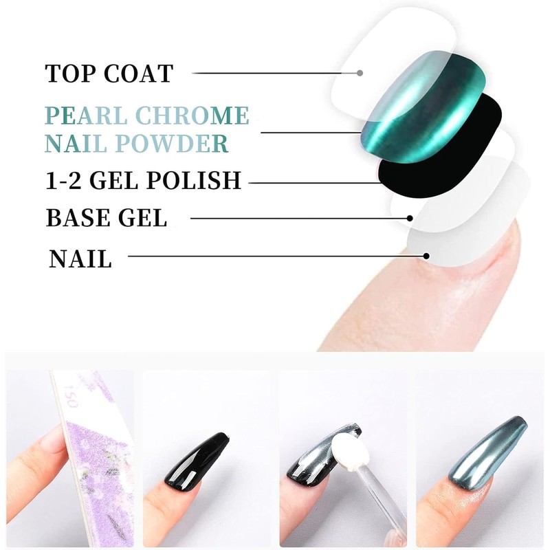 2PCS Cromo Efecto Espejo Uñas Blanco Perla Polvo Uñas Brillo