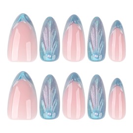 XZMeiLun 3D French Tips Pearl Press On Nails Almond Short, Mermaid Tail Iridescent Designer Reusable Acrylic Nails Press Ons, Fake Nails With Glue On, Daily Wear Floral False Nails For Women