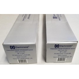 250 Freezer Food Storage Bags, 18" W x 24" H (Width x Height), with Plastic Ties. Clear Plastic Bags on Roll, High-Density Polyethylene, 15 Micron, 250 Bags/Roll, 1 Roll/Box