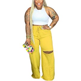 Plus Size 2 Piece Outfits for Women Pure Color Sleeveless Ribbed Knit Tank Top Ripped Wide Legs Long Pants Tracksuit Sport Set