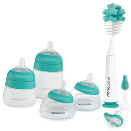 Nanobebe Baby Bottle Set Anti-Colic Baby Bottle Gift Set - Early Essentials Set with Baby Silicone Bottles, Breastmilk Bottles, Bottle Brush, Silicone Pacifiers - 5oz and 9oz - Teal