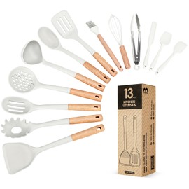 Kitchen Utensils Set, 13PCS Silicone Cooking Utensils, Heat Resistant Kitchen Utensil Spatula Set for Nonstick Cookware, Wooden Handles Kitchen Gadgets Tools Set