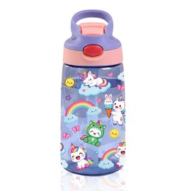 CGMIBAS 14oz Unicorn Kids Water Bottle with Straw - Rainbow Water Bottle For School, Leakproof, Lightweight, Durable Plastic Bottles for Kids Travel, Pop-Up Straw Cover, Gift Cup for Girls (Unicorn)