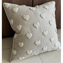 VAGMINE Hand Embroidered French Knotted Hearts Square Decorative Accent Throw Pillow Cover - Bedroom Decor, Couple Present, Valentine Gift - 18x18 Inches, Natural