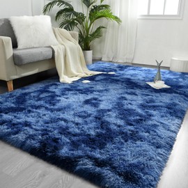 FlyDOIT 6x9 Feet Large Area Rugs for Living Room, Tie-Dyed Navy Blue Shaggy Rug Fluffy Throw Carpets, Ultra Soft Plush Modern Indoor Fuzzy Rugs for Bedroom Girls Kids Nursery Room Dorm Home Decor