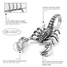 Oidea Stainless Steel Mens Gothic Scorpion Pendant Necklace for Biker,Silver,22 Inch Chain Included
