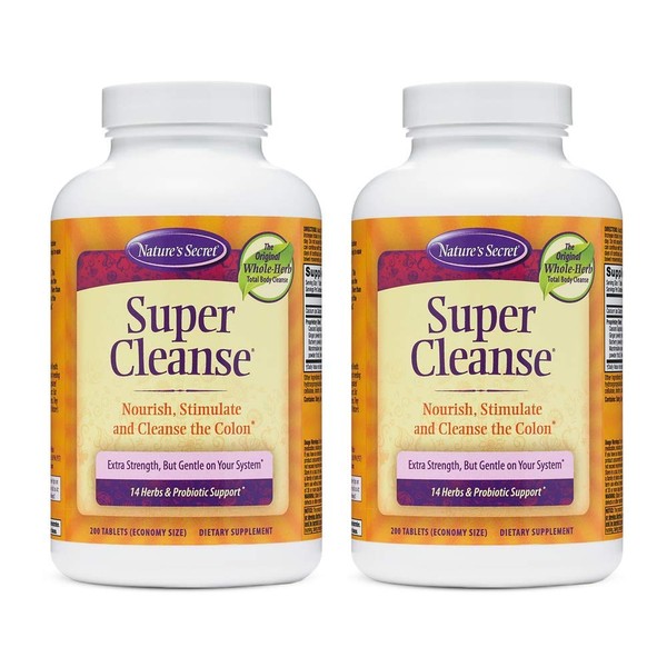 Nature's Secret Super Cleanse Extra Strength Toxin Detox & Gentle Elimination Body Cleanse, Digestive & Colon Health Support - Stimulating Blend of 14 Herbs with Probiotics - 200 Tablets (Pack of 2)