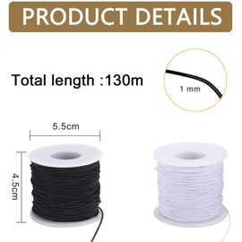 2 Spool Elastic Band for Bracelets, 1 mm x 130 m Elastic Band for Bracelets, Cord for Bracelets, Tear-Resistant, Nylon Cord for Jewellery Making, Beading Cord, Necklace, DIY Crafts (Black + White)