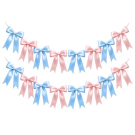 2 Strings of 16PCS Baby Pink&Baby Blue Bow Garland Banner Decoration,Pre-Strung Satin Ribbon Ornaments for Gender Reveal Party,Baby Shower,Birthday,Bridal Shower,Graduation Decor,Anniversary,Wedding