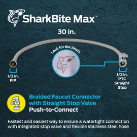 SharkBite Max 30 Inch Stainless Steel Braided Faucet Connector with 1/2 Inch Straight Stop Valve, 1/2 Inch FIP Faucet Connection, PEX Pipe, Copper, CPVC, PE-RT, HDPE, UR24687