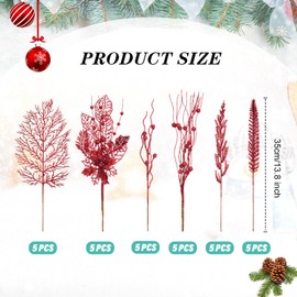 Moucuny 30 Pcs Artificial Christmas Tree Picks and Sprays Glitter Berry Stem Branches Holly Floral Picks Twigs Christmas Tree Ornaments for DIY Xmas Wreath Vase Filler Decorations(Red)