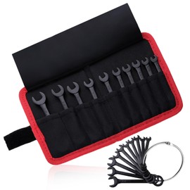 LEONTOOL Mini Wrench Set SAE 10-Piece Ignition Wrench Set, 5/32"-7/16" Open End and Box End Combination Wrench Set, Super Thin Small Wrench Set with Zipper Bag and Key Ring for Small Fasteners, Black