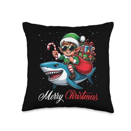 Merry Christmas Elf Riding Shark Funny Xmas Boys Girls Kids Throw Pillow