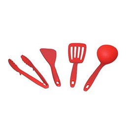 Dishwasher Safe. Kitchen Tool Set 4pc (Ladle, Turner, Spatula, Versatile, Tongs,) Red, KT – 4R