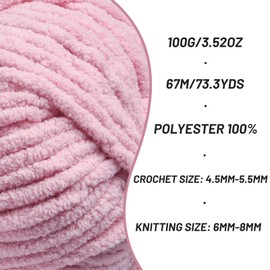 Chunky Chenille Yarn for Crocheting，Baby Yarn for Crocheting Soft Blankets，Bulky Yarns for Crochet Amigurumi，100g (74.3yds) Fluffy Velvet Yarns for Hand Knitting (Pale Pink)