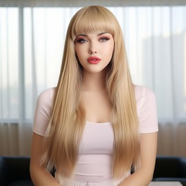 Leuik Light Blonde Wig With Bangs For Girls|Long Straight Colored Wigs for Women| Long Blonde Wig with Bangs(26" Light Blonde)