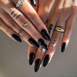 YOSOMK Black Press on Nails Medium Almond Fake Nails with Solid Color Designs Glossy Full Cover False Nails for Women and Girls