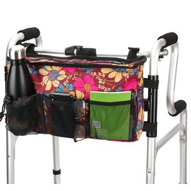 Walker Bag - Water Resistant Pouch Basket with 6 Pockets for Rollator and Folding Walker, Wheelchairs,Bariatric Walkers (Flower)