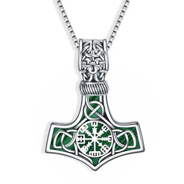 Malachite Thor Hammer Necklace for Men Sterling Silver Abalone Shell Mjolnir Necklace Viking Compass Vegvisir Celtic Pendant Necklace Viking Jewelry Gift for Men