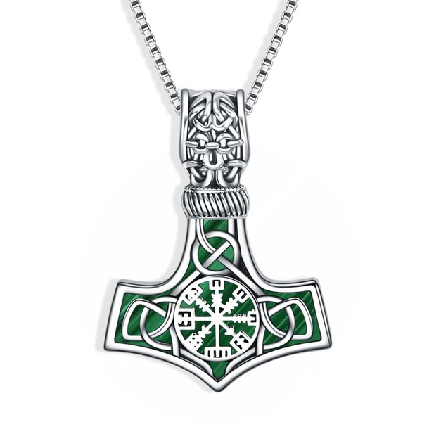 Malachite Thor Hammer Necklace for Men Sterling Silver Abalone Shell