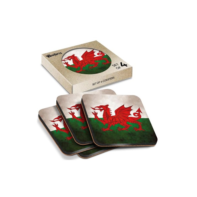 4 x Square Coasters - Distressed Wales Welsh Dragon Flag
