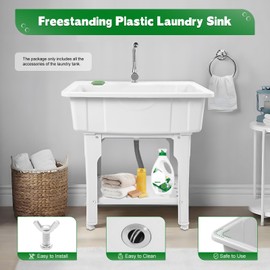 Utility Sink Laundry Tub Freestanding Sink Wash Station, 31.5 Inches Spacious Indoor Outdoor Utility Sink with 360° Rotatable Faucet & Stretchable Drain Pipe, for Workshop, Laundry Room
