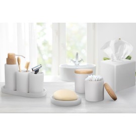 9-Piece Bathroom Accessories Set with Elegant Wood Lids – Bathroom Soap Dispenser Tumbler Toothbrush Holder 2 Storage Jars Tumbler Tissue Box Cover Tray Soap Dish (White)