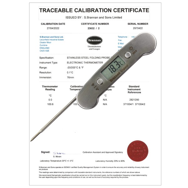 Brannan Digital Food Probe Thermometer and 2 Point Traceable Calibration Certificate Digital - Stainless Steel Food Thermometer for Fast Temperature Monitoring - Ideal or Meat and Liquids
