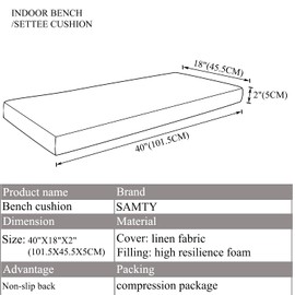 SAMTY Grey Bench seat Chair Pads Non-Slip Rubber Back Indoor Swing /Settee Cushion 40'X18'X2'(101.5X45.5X5CM)