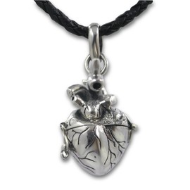 Pearlina Anatomical Heart Necklace Solid Sterling Silver 3d Antique Finish Message Note Holder or Pill Box Pendant Locket Opens (Heart with 24" Leather Chain)