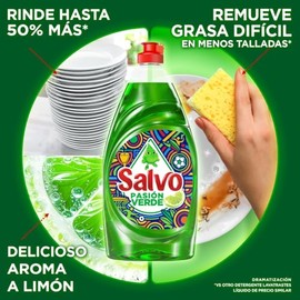 Salvo Lavatrastes Líquido, Pasión Verde Limón Jabón Líquido Para Trastes Con Triple Poder Cortagrasa' 640ml, Rinde Hasta 50% Más* Y Remueve Grasa Difícil