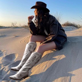 Dixhills White Cowboy Boots for Women - Wide Calf Sparkly Cowgirl Boots, Women's Knee High Western Rhinestone Boots, Glitter Sparkle Ladies Country Boots with Classic Embroidery, Pointed Toe Pull On