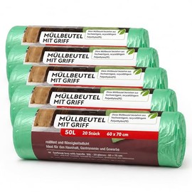 Sperling 100 Bin Liners with Handle, 50 Litres, 20 per Roll, Tear-Resistant and Liquid-Proof, Product & Packaging Recyclable