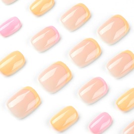 24Pcs Square Press on Nails Short French Tip Simple Nude Orange Fake False Nails Glossy Acrylic Nails Full Cover Glue on Nails for Women JP2598