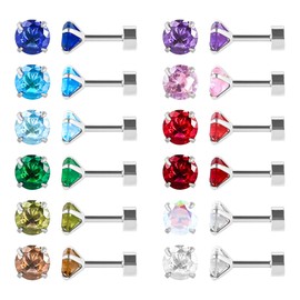 12 Pairs Flat Back Surgical Stainless Steel Stud Earrings, Screw Back Heart Star Square Teardrop Round Gold Plated Silver Cubic Zirconia CZ Birthstone Stud Earrings Set, Stainless Steel, Cubic