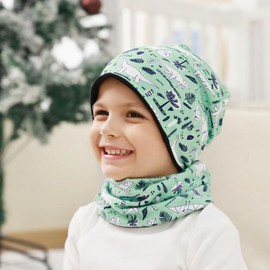 Uniyoung Baby Boys Cotton Beanie Hat and Collar Scarf Set Kids Toddler Warm Skull Cap Scarves Neck Warmer for Spring Autumn Winter (UK, Age, 3 Years, 6 Years, Green Dinosaur)