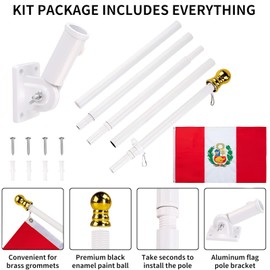 This Peru Flag 3x5 ft with White Pole Kit: Longest Lasting Peruvian Flag, Embroidered Image, Brass Grommets, 6 Ft No Tangle Flagpole Aluminum and 1-Position Flag Pole Bracket
