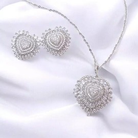 White Gold Set Rhodium Plated with Cubic Zirconia Heart Pendant Necklace Earrings Jewelry Set.