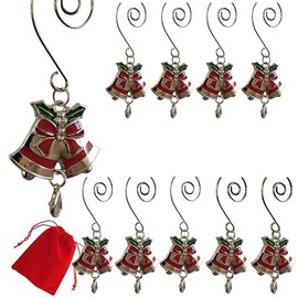 BANBERRY DESIGNS Christmas Bell Ornament Hook with S-Hook and Lobster Claw - Set of 10 - Silver with Red enameled Bow and Clear Jewels - Xmas Accessories and Accents for Hanging Ornaments - 3" L