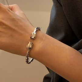 Vacaonio Punk Rose Flower Bracelet Thorn Bangle Cuff Bracelet Silver Floral Bangle Bracelet Adjustable Floral Bracelet Flower Wrap Bracelet Jewelry for Women