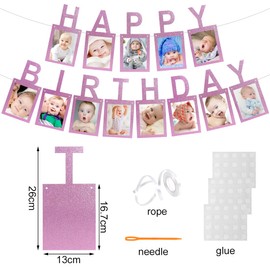 Happy Birthday Photo Garland, Photo Garland Birthday, Hanging Pink Photo Wall Decoration for Party Decor Girls Boys Holy Communion Party